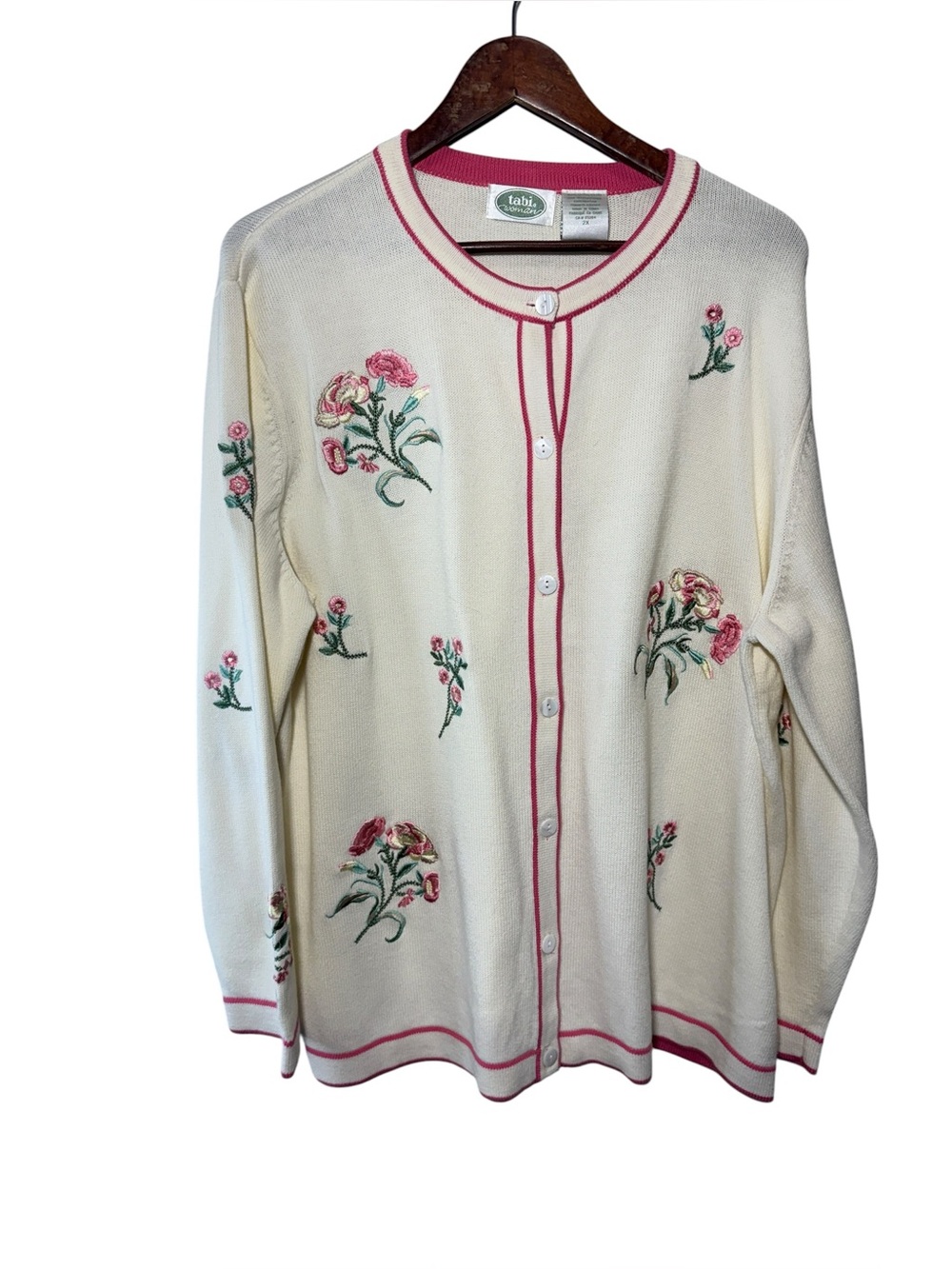 Tabi Vintage Cream Floral Embroidered Cardigan Sweater 100% Cotton Size 2x